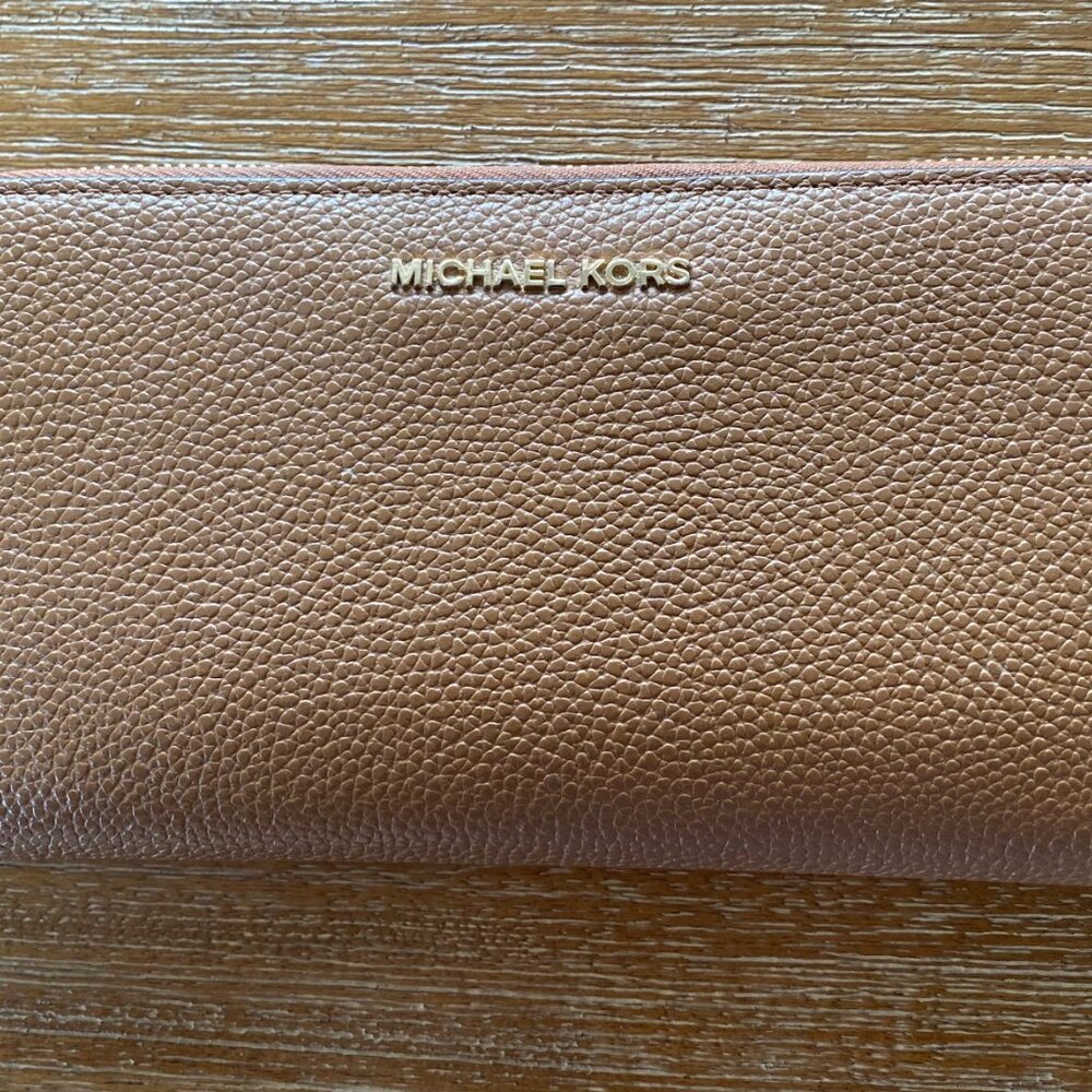 Michael Kors Large Pebbled Tan Leather Wallet with Gold Hardware - Gently Used
